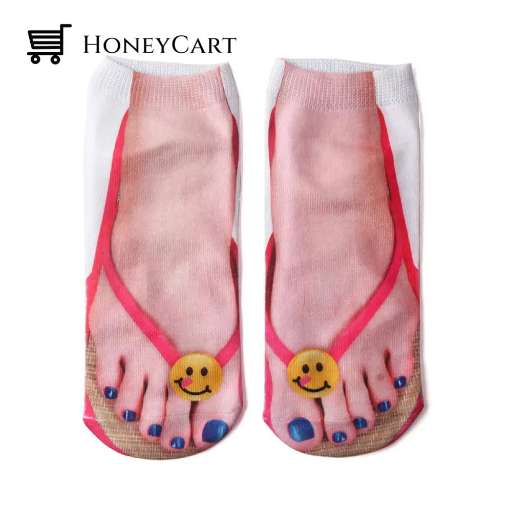 Manicure Print Socks Red Smiley Flip-Flops