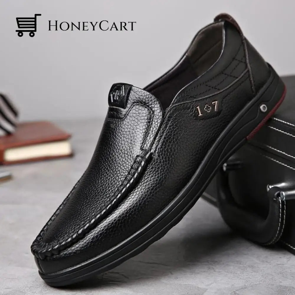 Mens Genuine Leather Soft Insole Casual Business Slip On Loafers Black / Medium 38