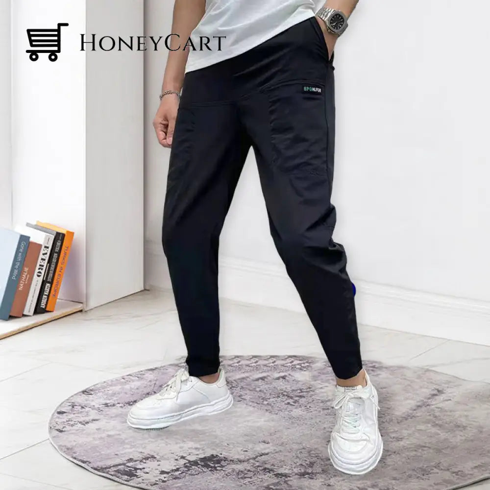 Mens High Stretch Multi-Pocket Skinny Cargo Pants Black / 29