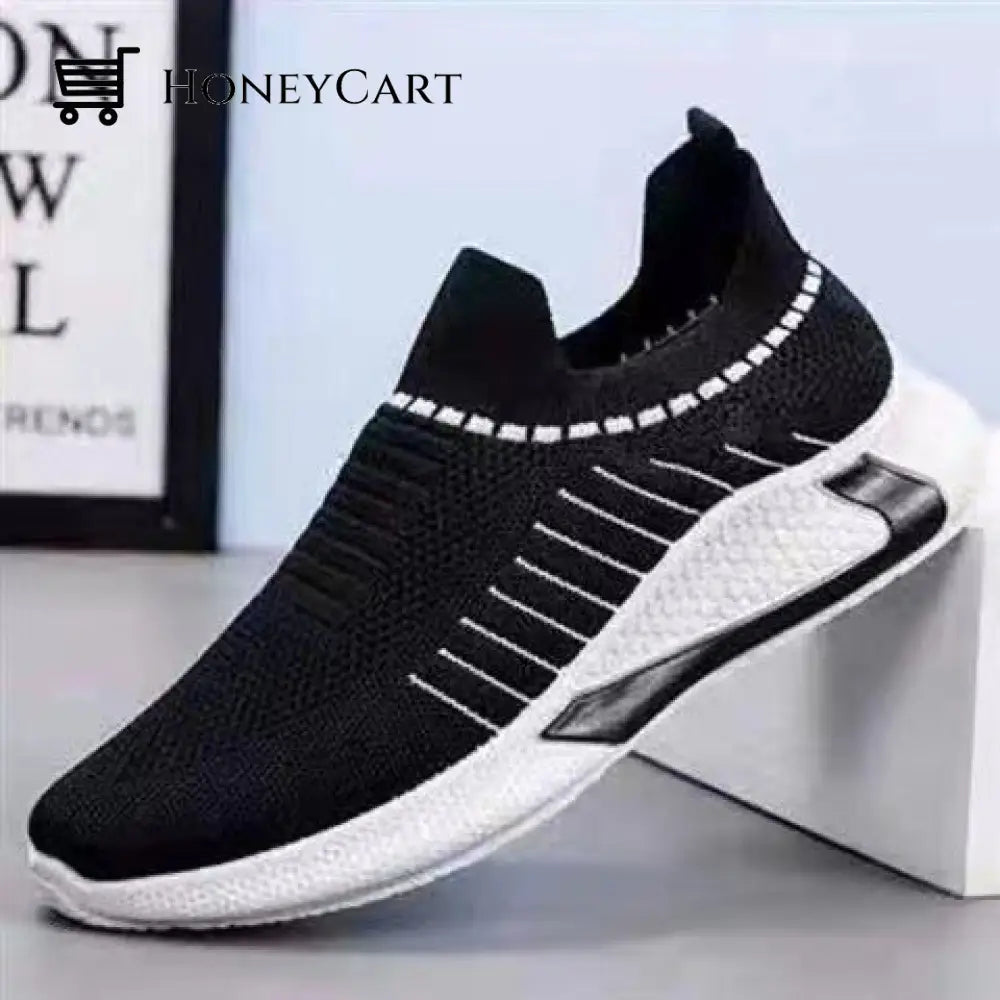 Mens Laceless Breathable Mesh Knit Sneakers Shoes Black White / 39 Men