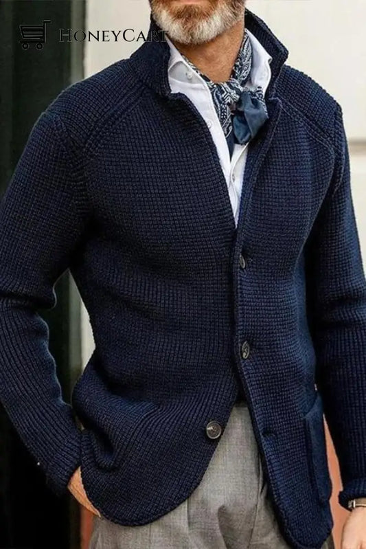 Mens Long Sleeve Thickening Cardigan Warm Casual Jacket Navy Blue / M