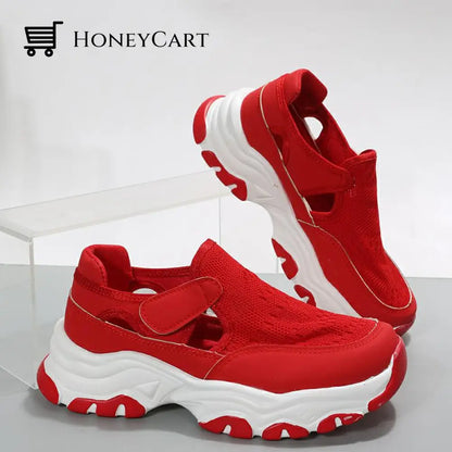 Mesh Sport Shoes Women Fashion Outdoor Flat Heel Running Red / Size35 Cj