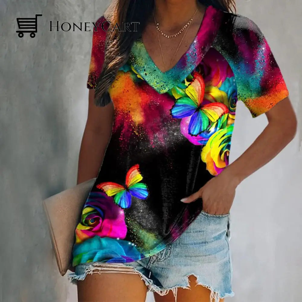 Mothers Day Sale 49% V-Neck Rainbow Butterfly Printing Womens Cozy T-Shirts C / S