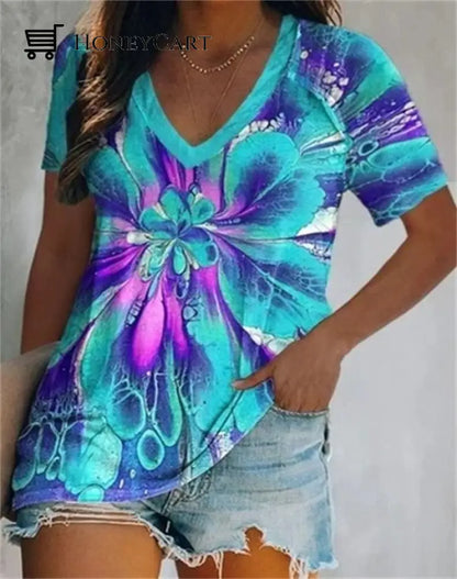 Mothers Day Sale 49% V-Neck Rainbow Butterfly Printing Womens Cozy T-Shirts D / S