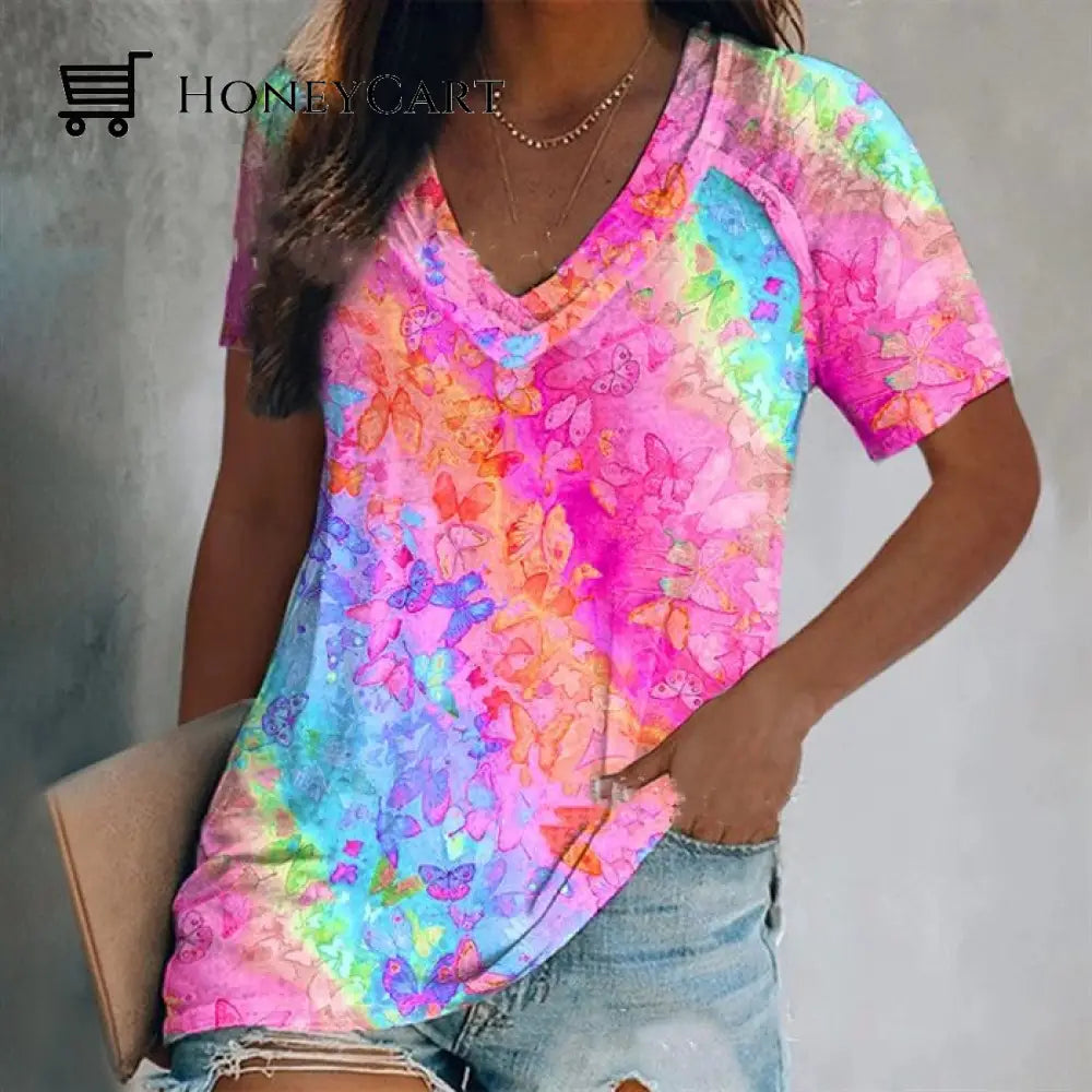 Mothers Day Sale 49% V-Neck Rainbow Butterfly Printing Womens Cozy T-Shirts F / S