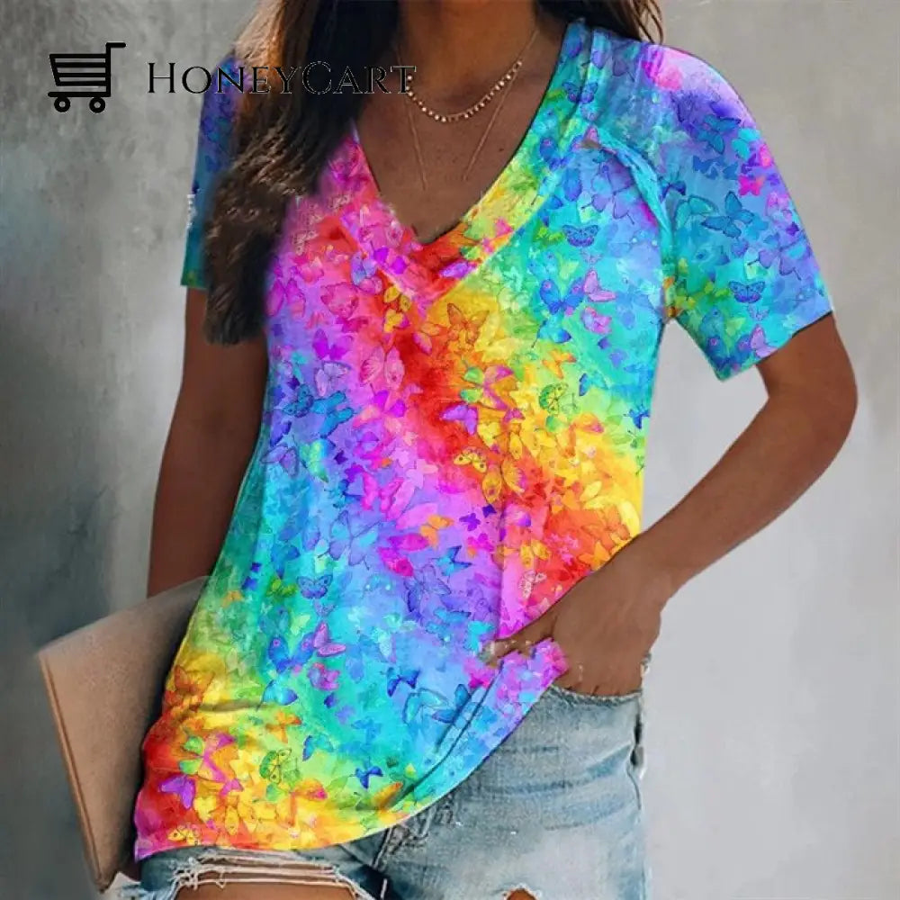 Mothers Day Sale 49% V-Neck Rainbow Butterfly Printing Womens Cozy T-Shirts G / S