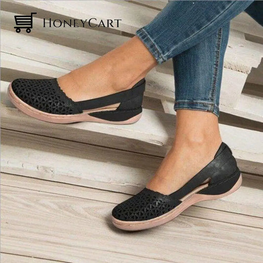 Ocw Women Wedges Orthopedic Hollow Out Pu Summer Vintage Sandals 5.5 / Black Shoes &