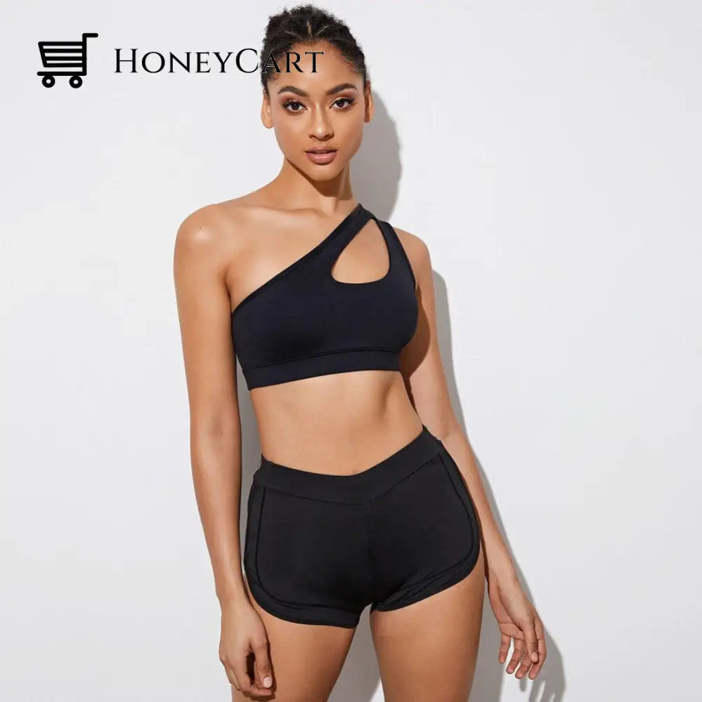 One Shoulder Sports Bra Removable Padded Yoga Top Wire Free Gym Shirts Black / S Bras
