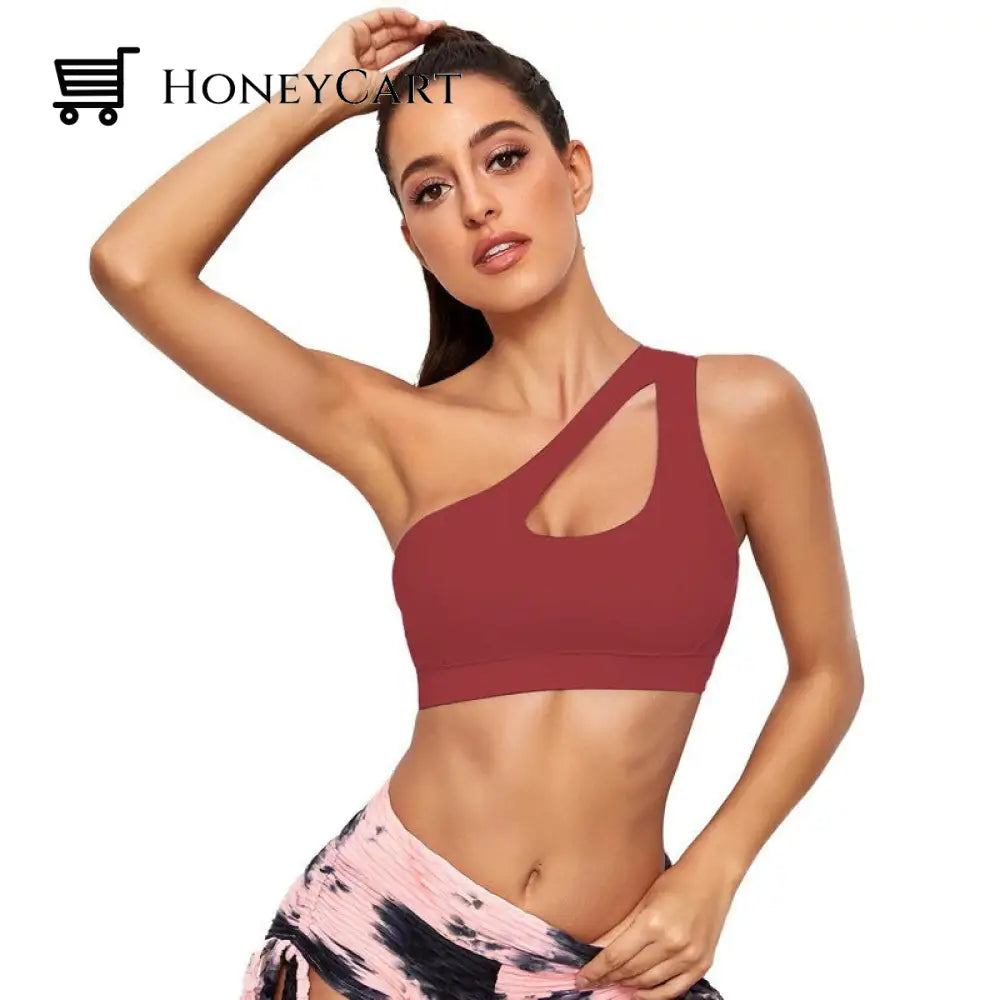 One Shoulder Sports Bra Removable Padded Yoga Top Wire Free Gym Shirts Champagne Red / S Bras