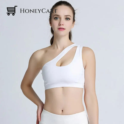 One Shoulder Sports Bra Removable Padded Yoga Top Wire Free Gym Shirts White / S Bras