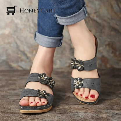 Open Toe Fancy Flower Orthopedic Arch-Support Women Sandals Paris Design 2023 New Version Dark Grey