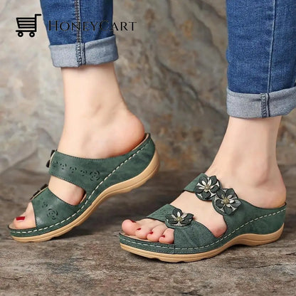 Open Toe Fancy Flower Orthopedic Arch-Support Women Sandals Paris Design 2023 New Version Green /