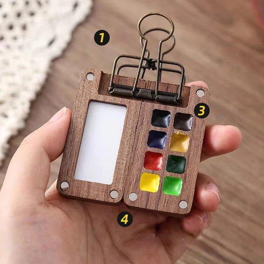 Portable Black Walnut Watercolor Palette Set – Handmade Travel Paint Box with Brush, 0.5ML Schmincke Paint Tray, and Book for Artistic Journeys