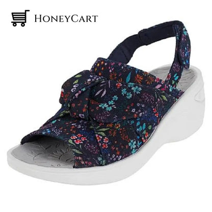 Retro Buttefly Bow-Knot Wedges Slingback Chaussure Sandals For Women 4.5 / Navy Flower