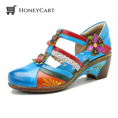 Retro Leather Flower Hollow Out Sandals Blue / 5.5 Shoes