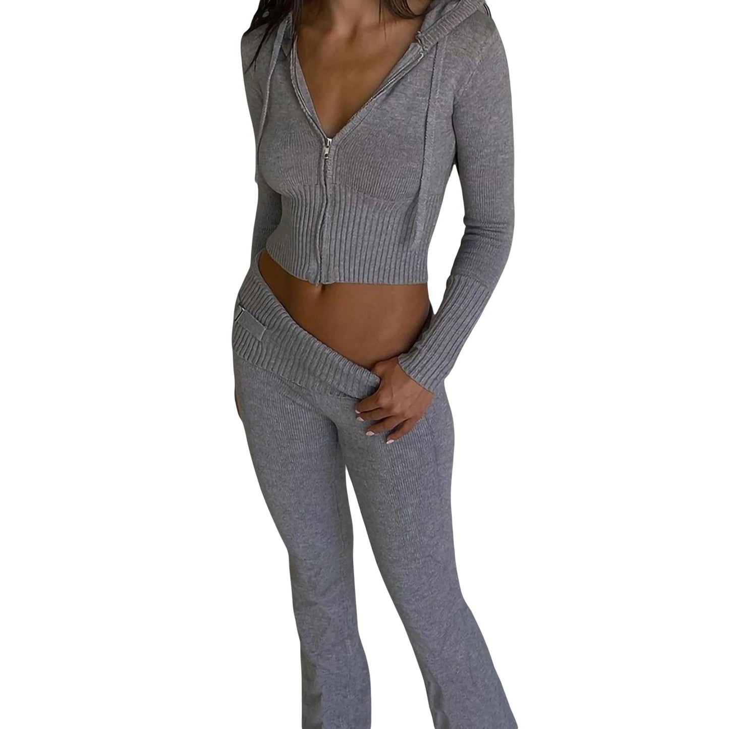 Ribbed Knit Lounge Set for Women – Zip-Up Hoodie & High-Waist Wide-Leg Pants, 2-Piece Relaxed Loungewear Ensemble