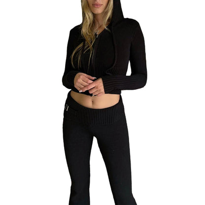 Ribbed Knit Lounge Set for Women – Zip-Up Hoodie & High-Waist Wide-Leg Pants, 2-Piece Relaxed Loungewear Ensemble