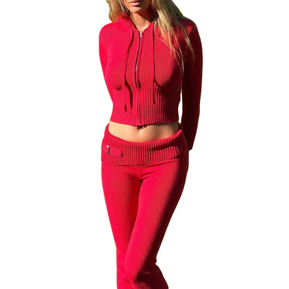 Ribbed Knit Lounge Set for Women – Zip-Up Hoodie & High-Waist Wide-Leg Pants, 2-Piece Relaxed Loungewear Ensemble