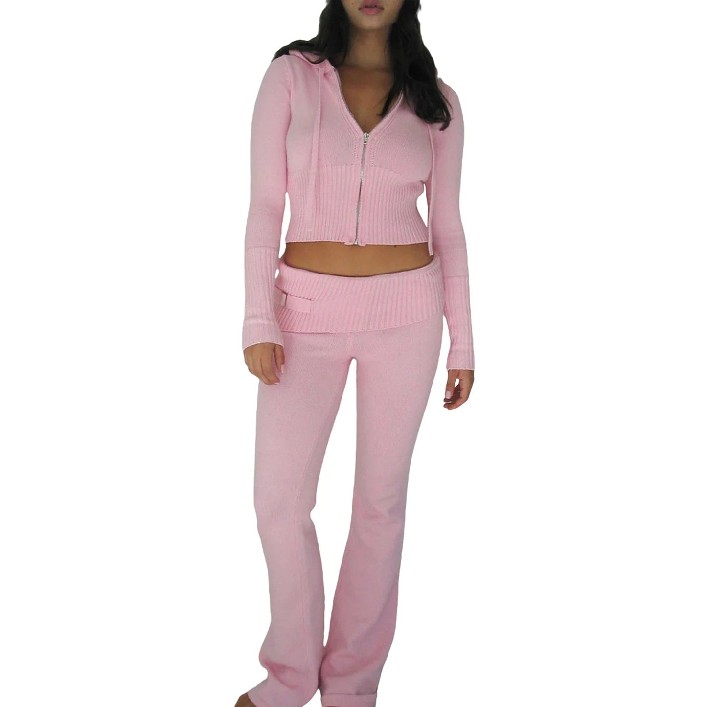 Ribbed Knit Lounge Set for Women – Zip-Up Hoodie & High-Waist Wide-Leg Pants, 2-Piece Relaxed Loungewear Ensemble