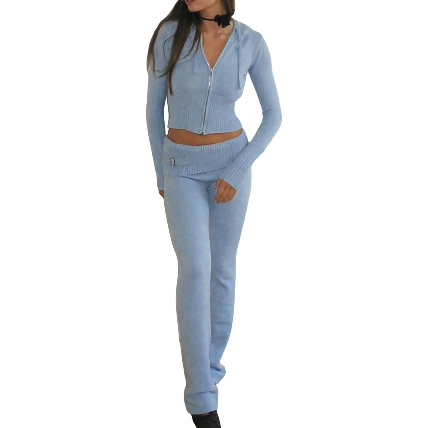 Ribbed Knit Lounge Set for Women – Zip-Up Hoodie & High-Waist Wide-Leg Pants, 2-Piece Relaxed Loungewear Ensemble