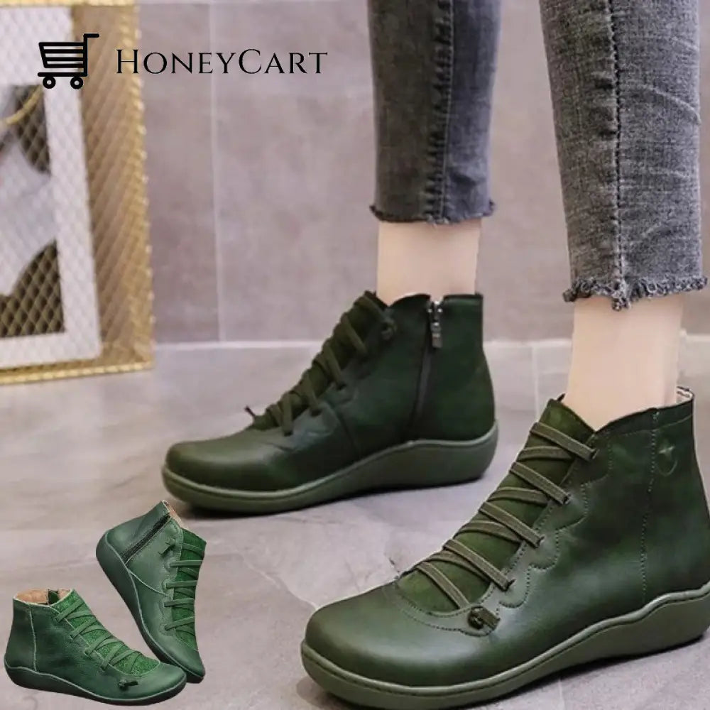 Round Toe Zipper Casual Ankle Boots For Bunions Green / 5