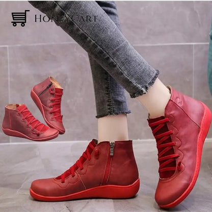 Round Toe Zipper Casual Ankle Boots For Bunions Red / 5