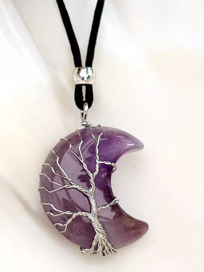 Natural Quartz Crystal Moon Tree Of Life Necklace Pendant