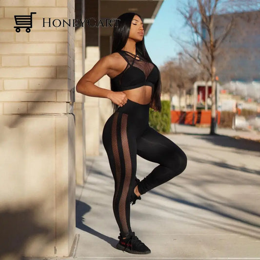 Sexy Women Active Wear Fitness Top And Pants Sets Mesh Yoga Trousers / S Activewear