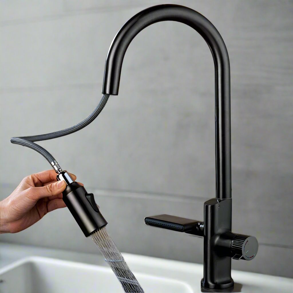 Sleek Waterfall Digital Temperature Kitchen Faucet – Digital Display with Pull-Out Stream Sprayer for Hot & Cold Water