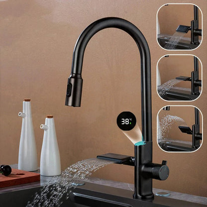 Sleek Waterfall Digital Temperature Kitchen Faucet – Digital Display with Pull-Out Stream Sprayer for Hot & Cold Water