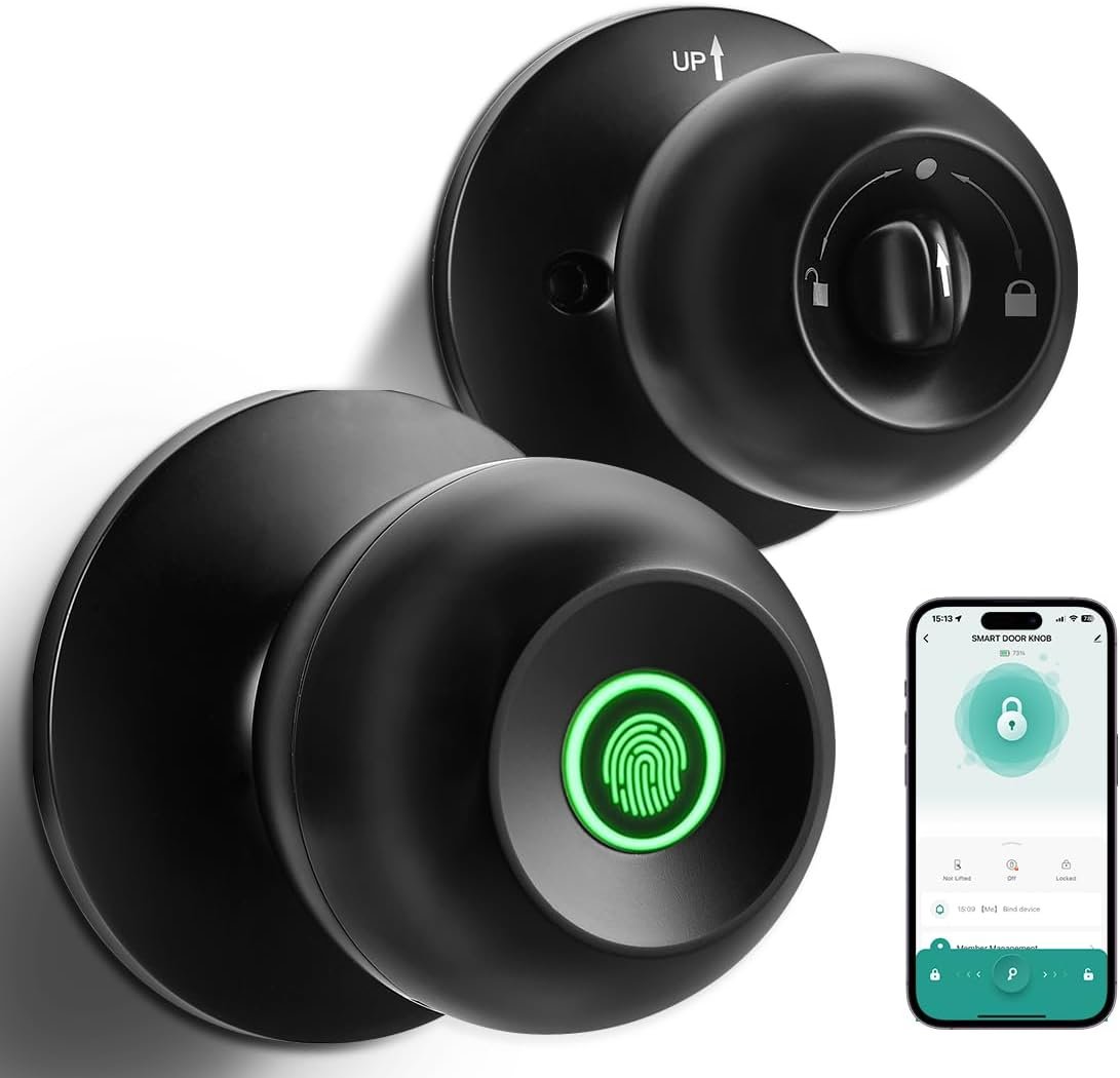 Smart Door Knob Lock - Keyless Thumbprint Entry Door Lock for Bedroom, Front Door, Home, Apartment Office and Garages