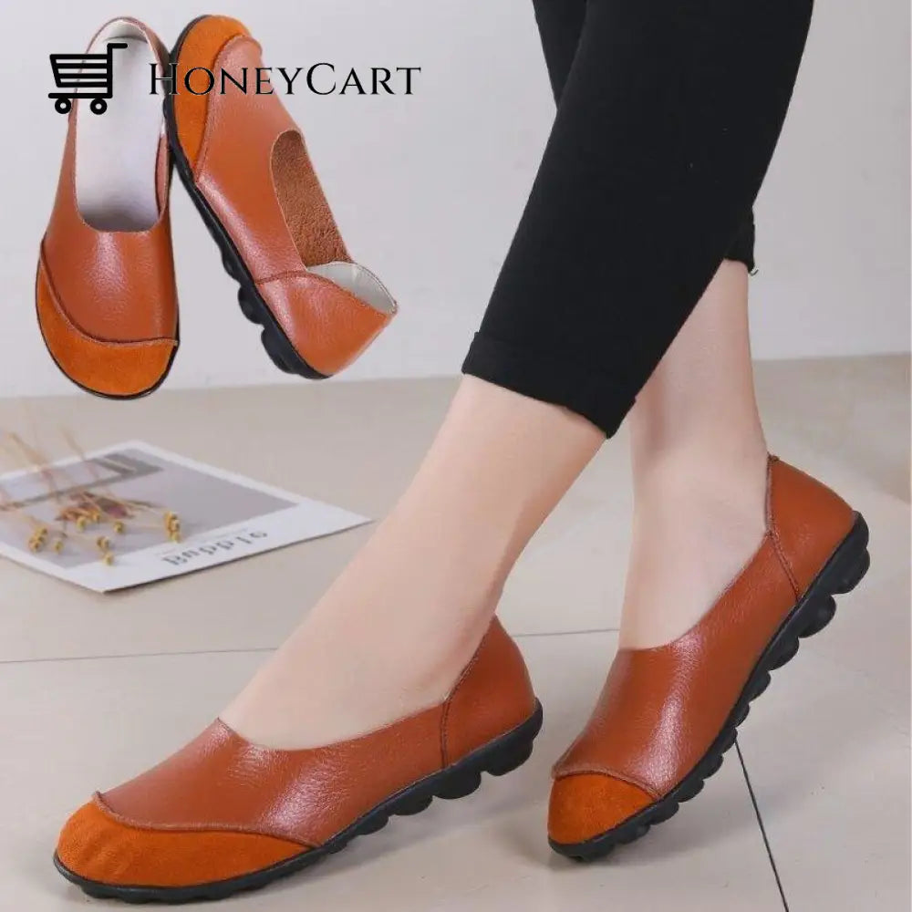 Soft Leather Womens Flats For Bunion Orange / 5.5