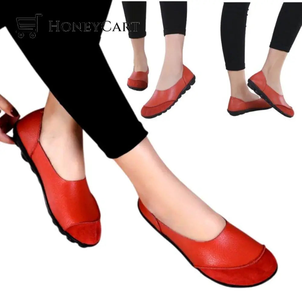 Soft Leather Womens Flats For Bunion Red / 5.5