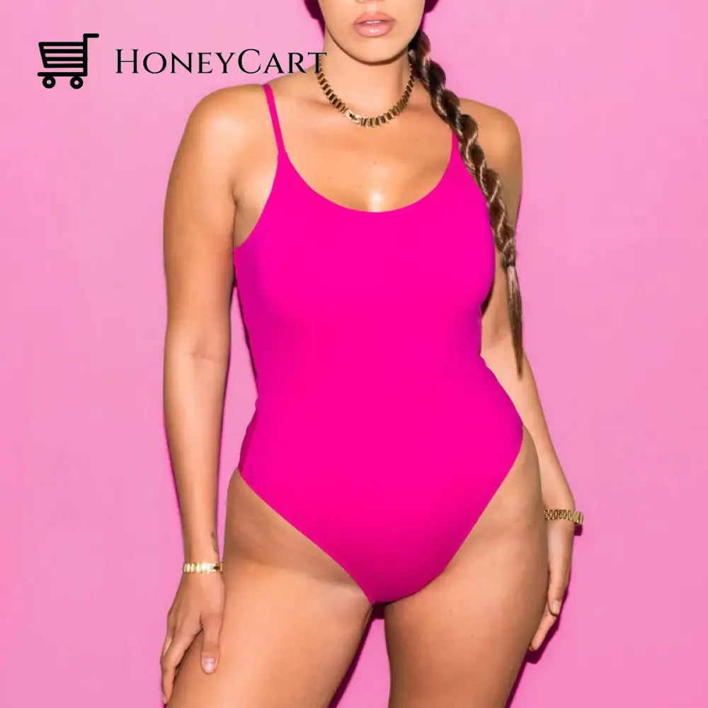 Solid Color Triangle One Piece Swimsuit Magenta / Xs