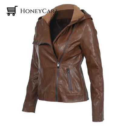 Solid Color Womens Leather Jacket Brown / S