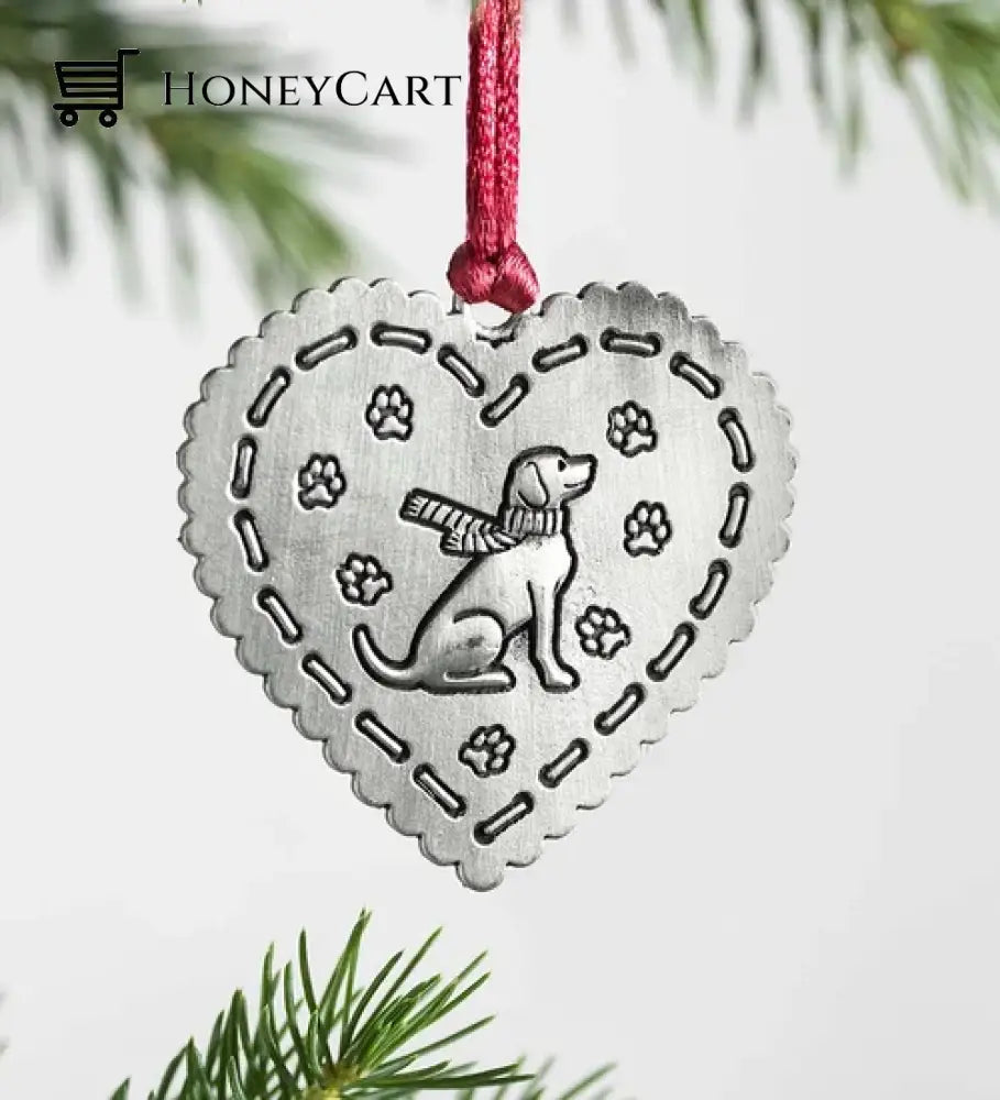 Solid Pewter Christmas Tree Ornament Heart Dog Tool