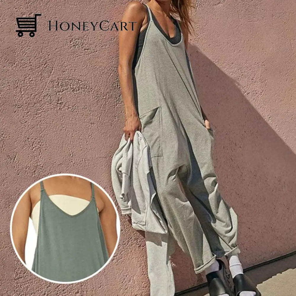 Solid V-Neck Sling Pocket Jumpsuit