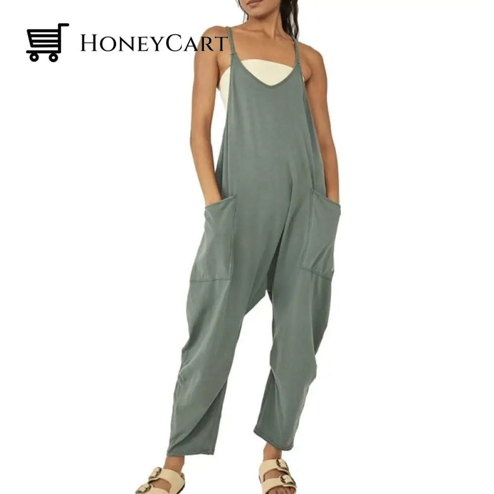 Solid V-Neck Sling Pocket Jumpsuit