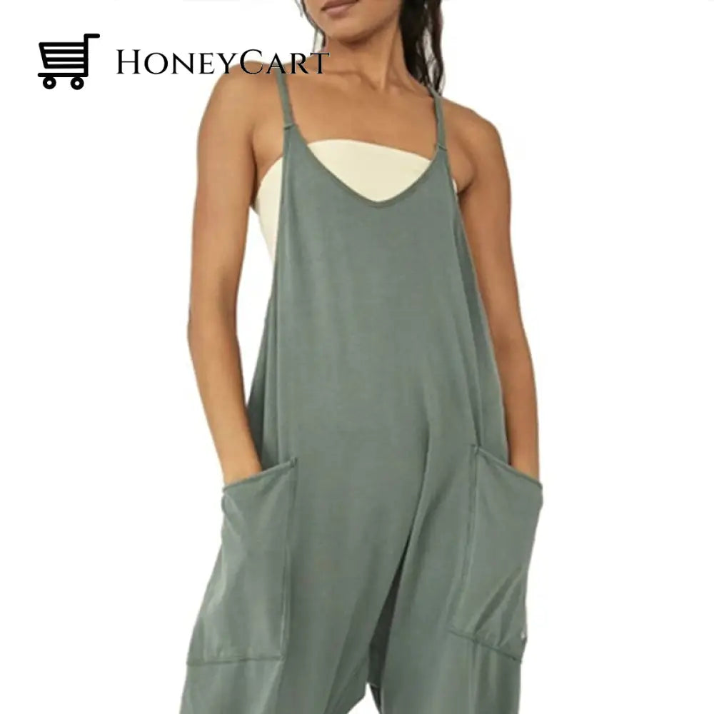 Solid V-Neck Sling Pocket Jumpsuit