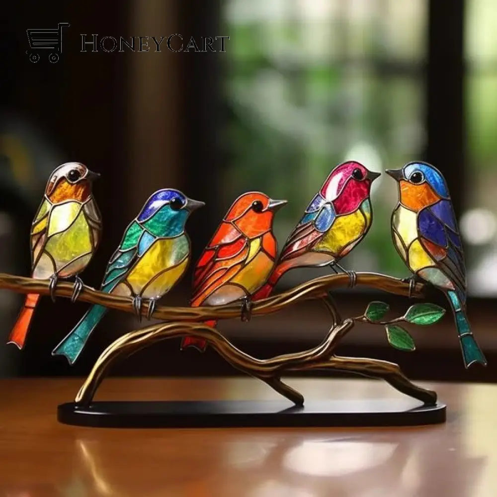 Stained Glass Birds On Branch Desktop Ornaments