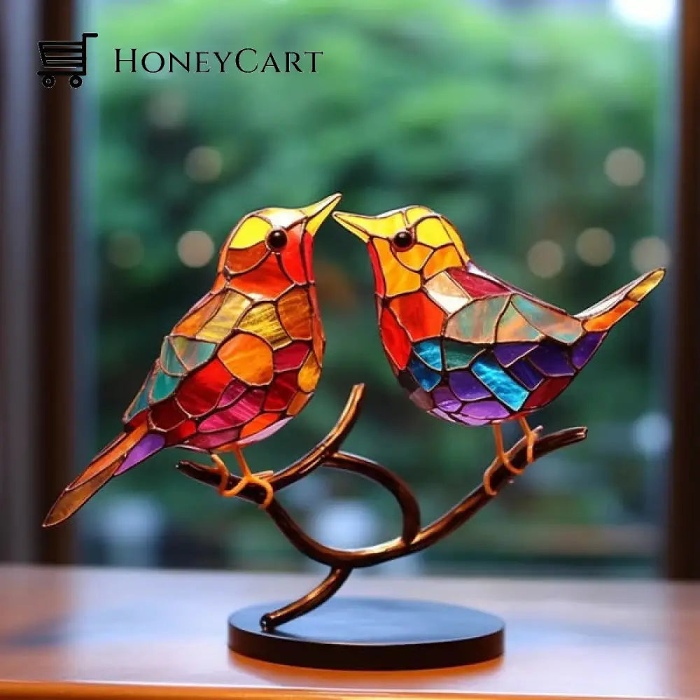 Stained Glass Birds On Branch Desktop Ornaments