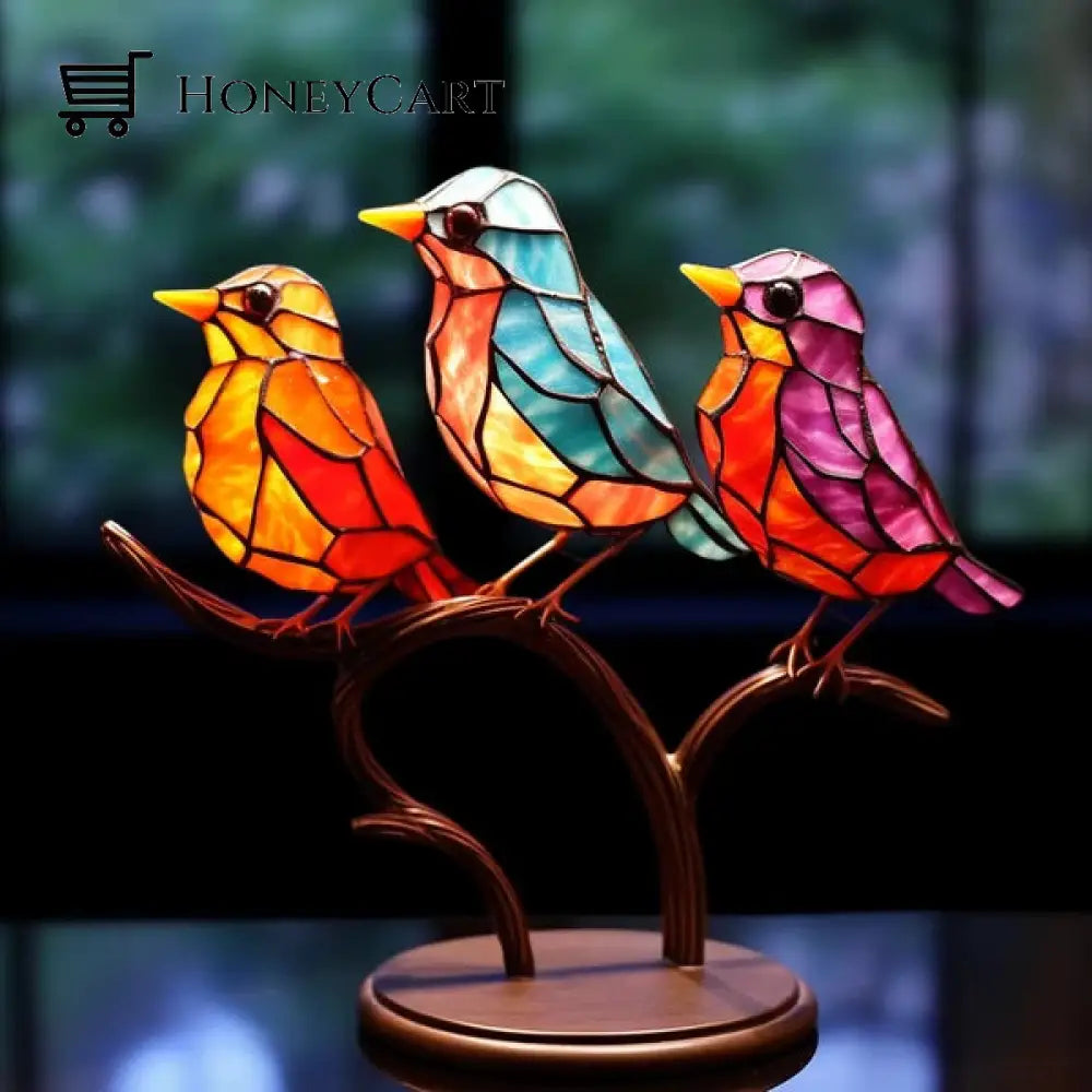 Stained Glass Birds On Branch Desktop Ornaments