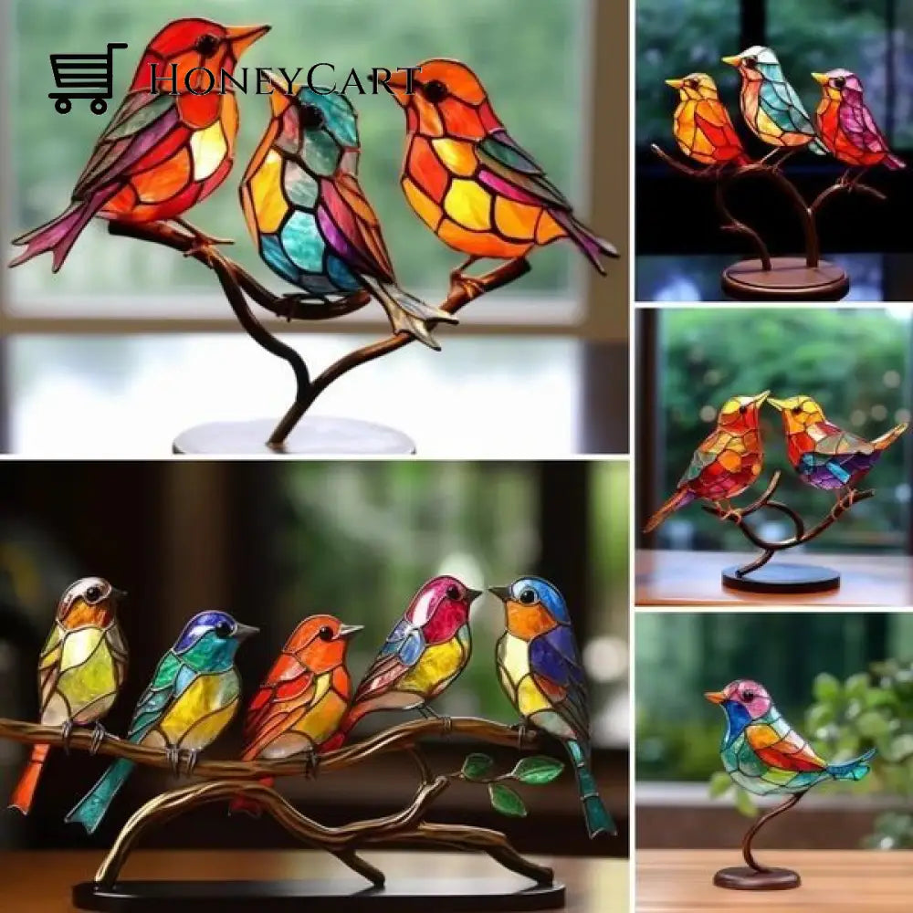 Stained Glass Birds On Branch Desktop Ornaments