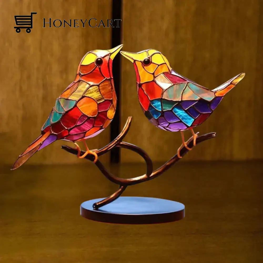 Stained Glass Birds On Branch Desktop Ornaments