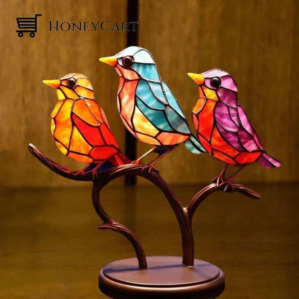 Stained Glass Birds On Branch Desktop Ornaments