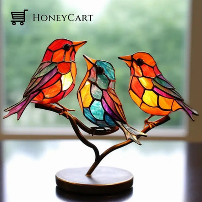 Stained Glass Birds On Branch Desktop Ornaments