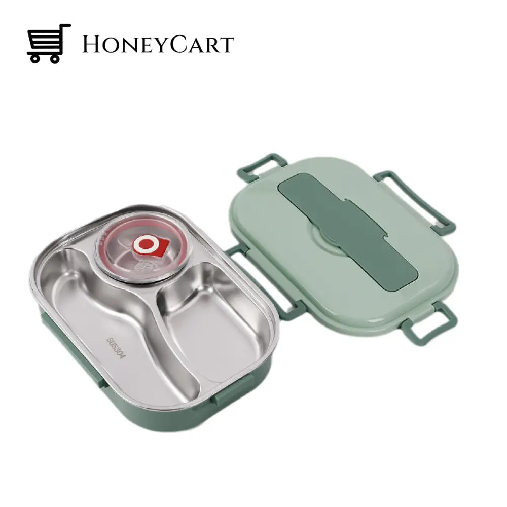 Stainless Steel Bento Lunch Box Green / 3 Rooms With Soup Bowl