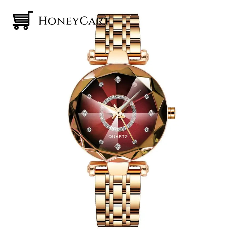 Starry Diamond Dial Ladies Waterproof Watch Red