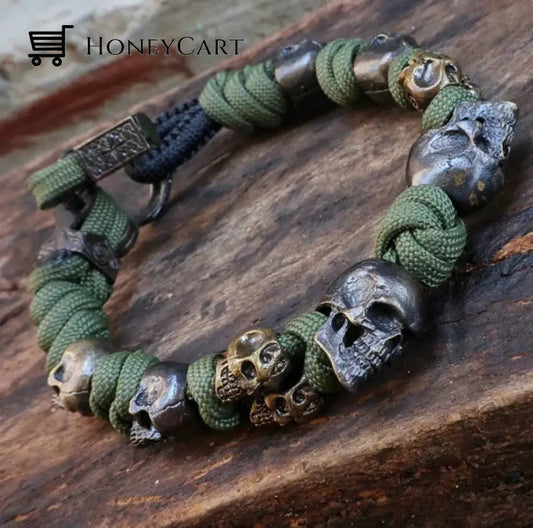 Sterling Silver Skull Army Premium Paracord Bracelet Green / 19~21Cm