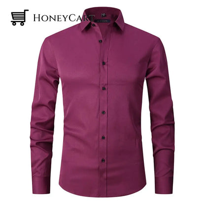 Stretch Men Slim Fit Pointed Collar Shirt Burgundy / S